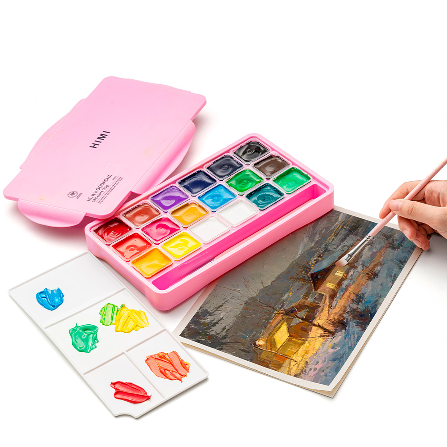 HIMI SET GOUACHE DE 18 COLORES BÁSICOS DE 30G INCLUYE 3 PINCELES ESTUCHE ROSADO 7