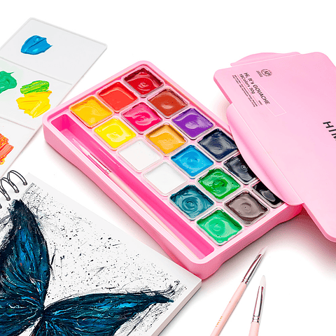HIMI SET GOUACHE DE 18 COLORES BÁSICOS DE 30G INCLUYE 3 PINCELES ESTUCHE ROSADO