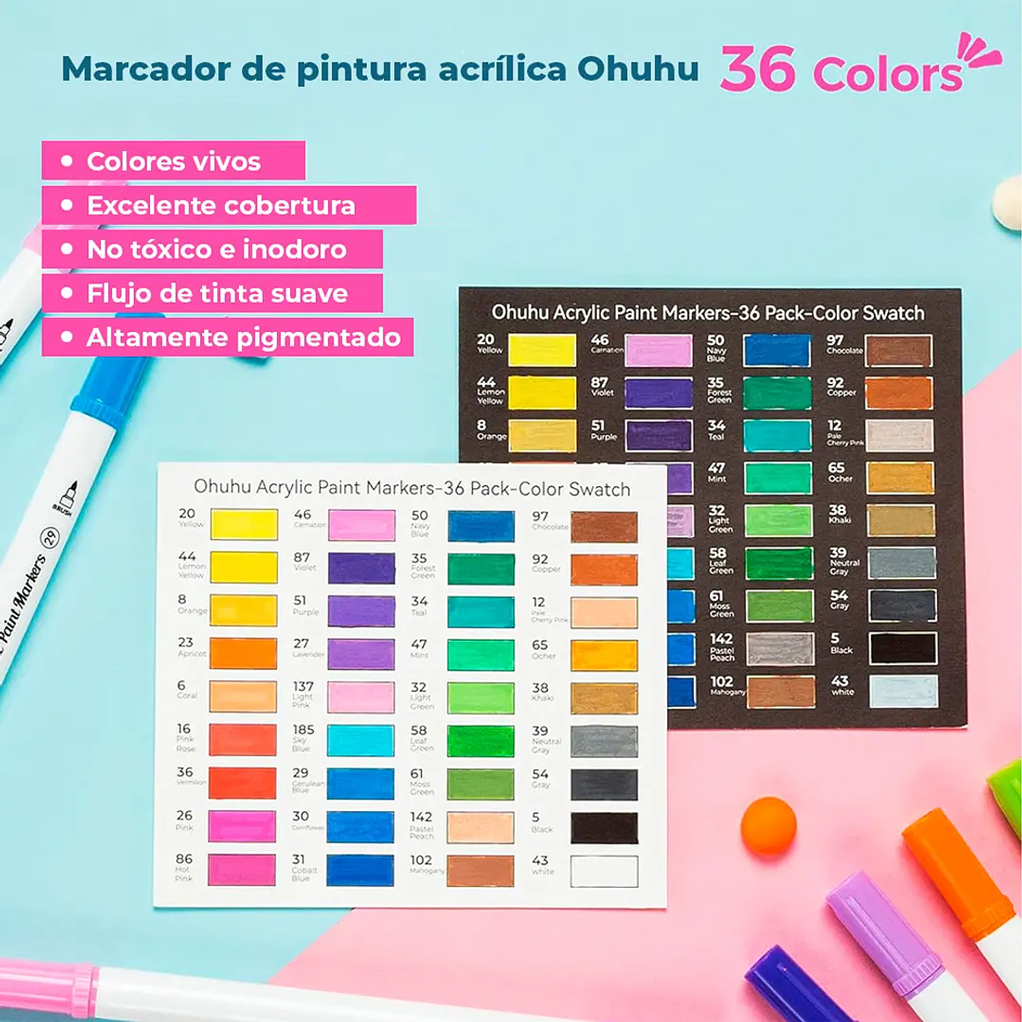MARCADORES ACRÍLICOS OHUHU 36 COLORES (PINCEL Y FINA) 2