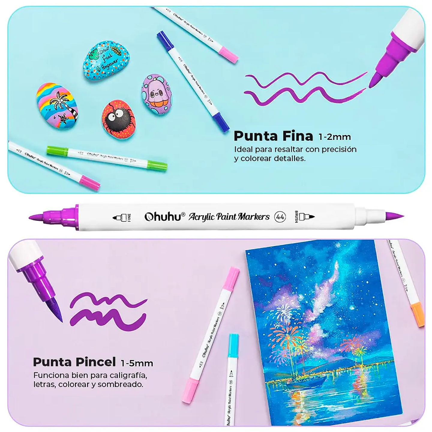 MARCADORES ACRÍLICOS OHUHU 36 COLORES (PINCEL Y FINA) 4