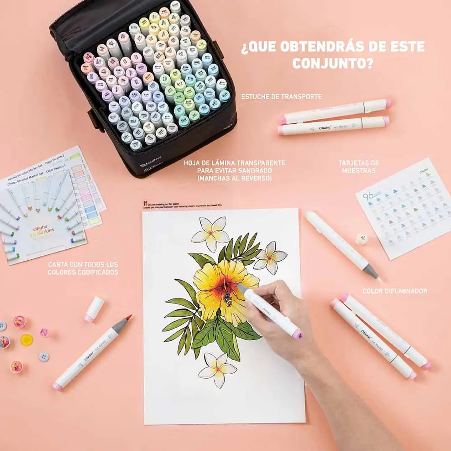 OHUHU 96 MARCADORES PASTEL  PINCEL Y BISELADA  7