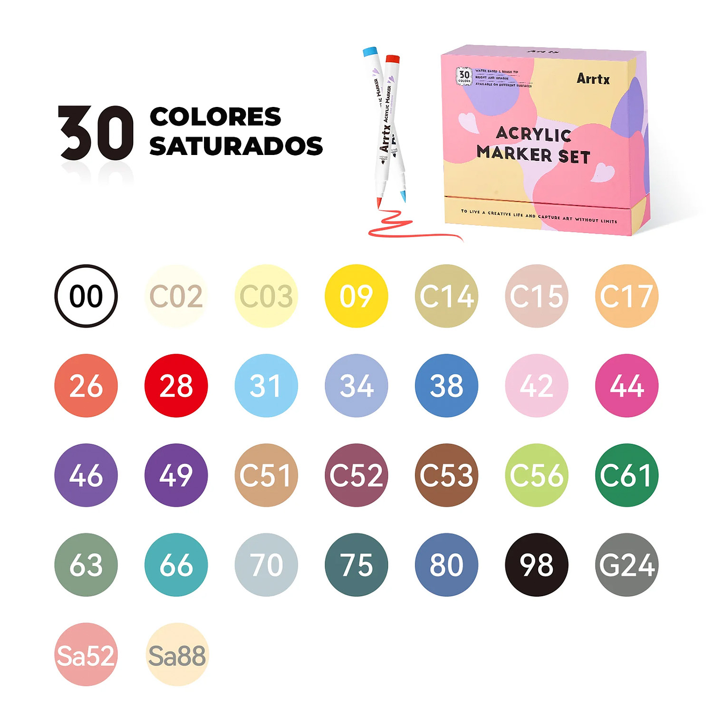 ARRTX MARCADORES ACRÍLICOS DE 30 C VIBRANTES (PUNTA PINCEL)  3