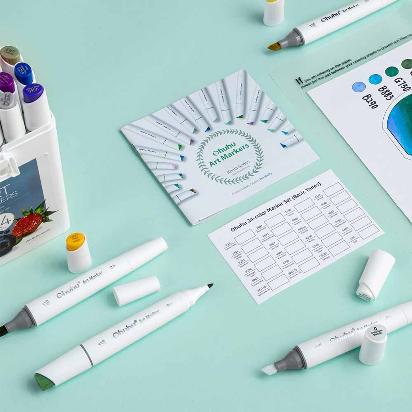 OHUHU 24 MARCADORES COLORES DE ALCOHOL + 1 BLENDER FINA & BISELADA DELGADO (TONOS BASICOS)  6