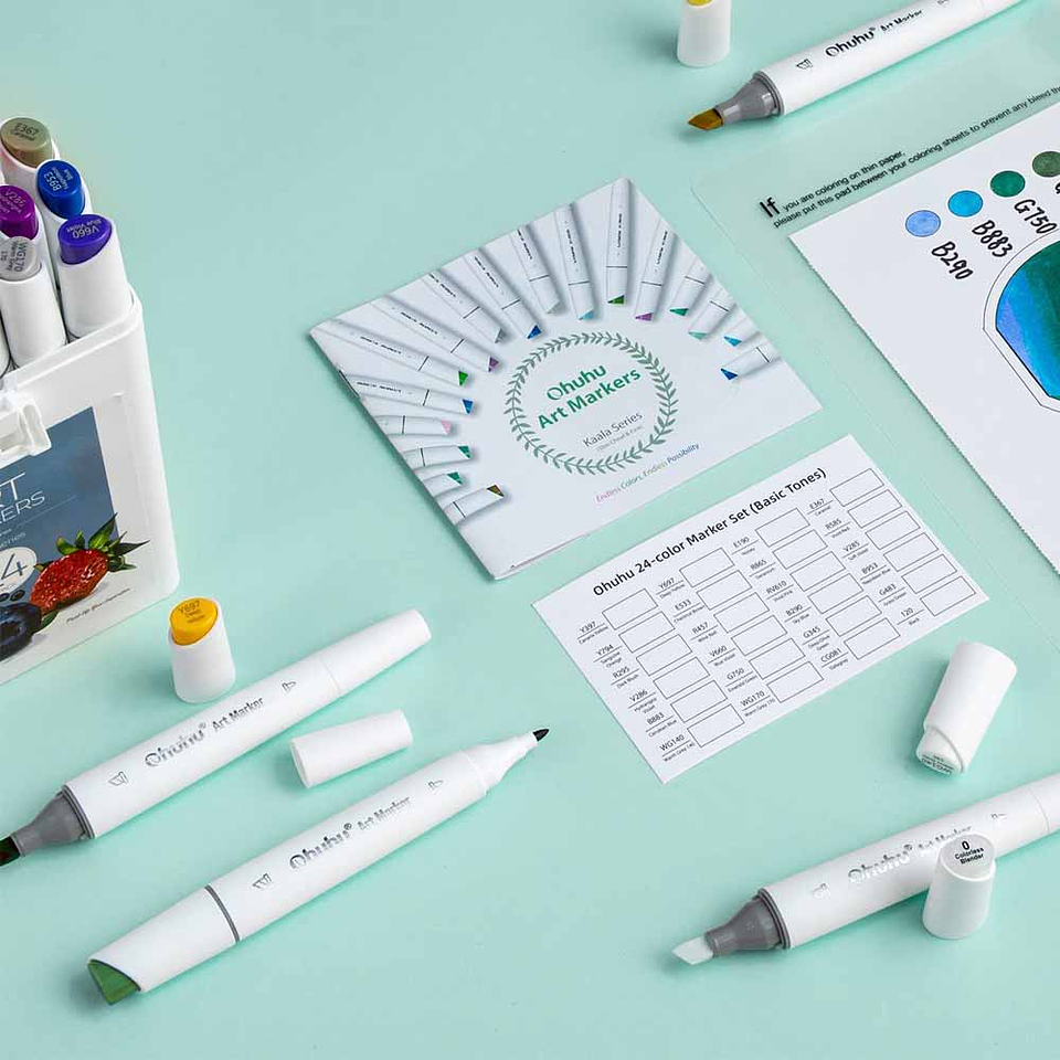 OHUHU 24 MARCADORES COLORES DE ALCOHOL + 1 BLENDER FINA & BISELADA DELGADO (TONOS BASICOS)  6