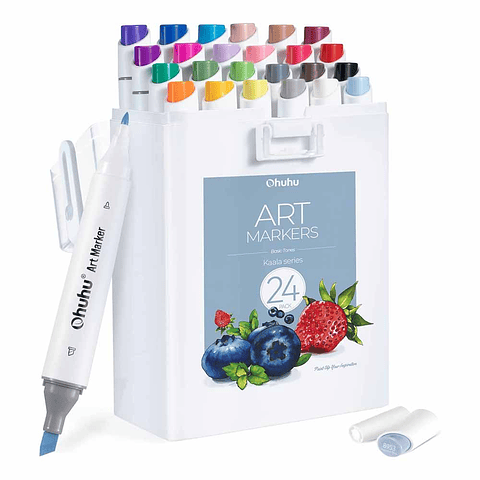 OHUHU 24 MARCADORES COLORES DE ALCOHOL + 1 BLENDER FINA & BISELADA DELGADO (TONOS BASICOS) 