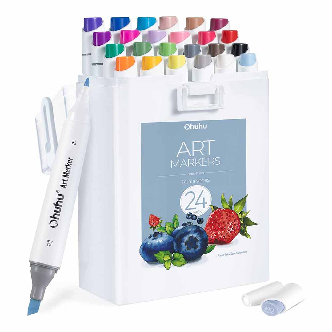 OHUHU 24 MARCADORES COLORES DE ALCOHOL + 1 BLENDER FINA & BISELADA DELGADO (TONOS BASICOS)  1