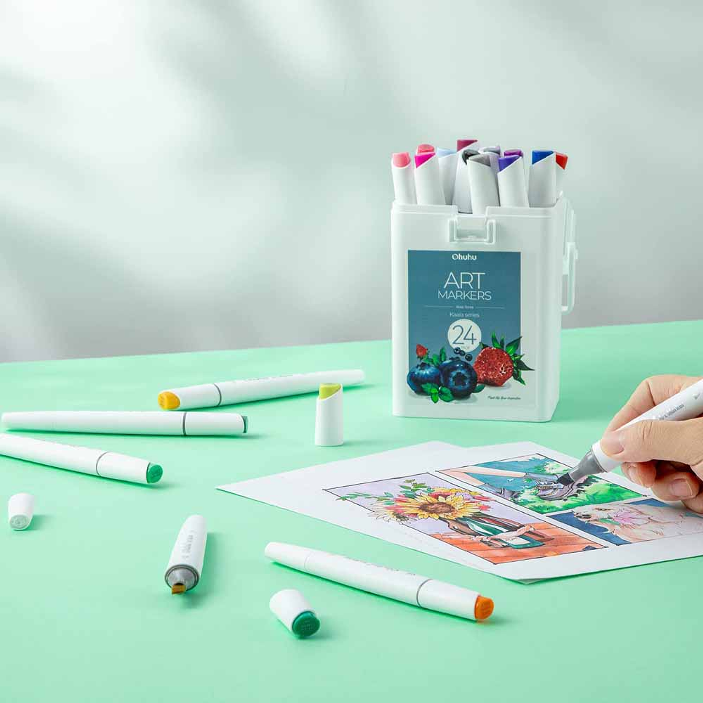 OHUHU 24 MARCADORES COLORES DE ALCOHOL + 1 BLENDER FINA & BISELADA DELGADO (TONOS BASICOS)  9