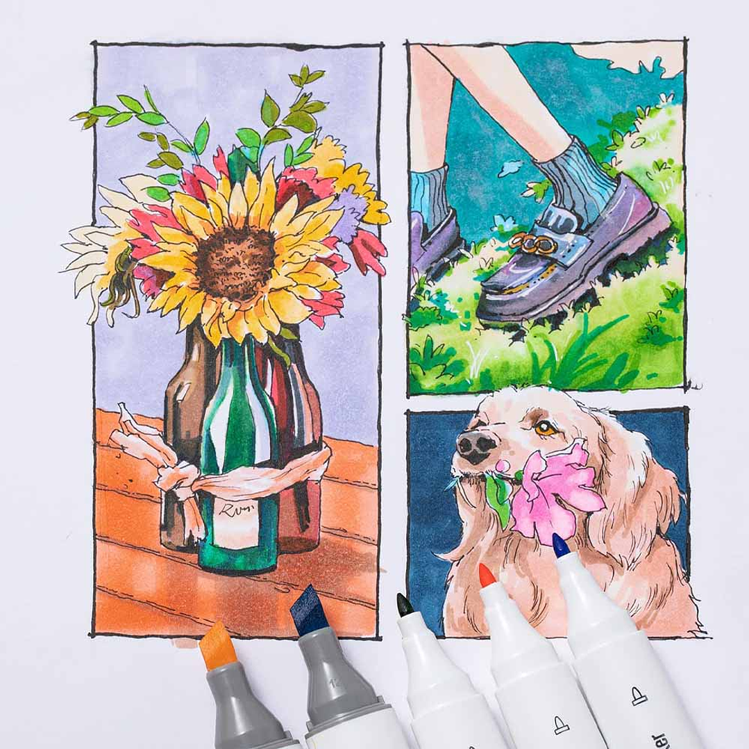 OHUHU 24 MARCADORES COLORES DE ALCOHOL + 1 BLENDER FINA & BISELADA DELGADO (TONOS BASICOS)  4