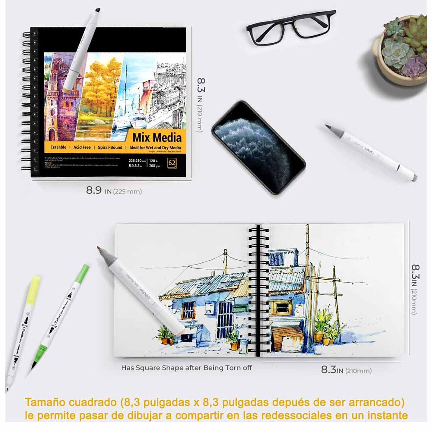 OHUHU BLOCK ESPIRAL MIXED MEDIA PARA ACUARELAS ACRILICOS MARCADORES DE ALCOHOL (22X21 CM 62 H)  4