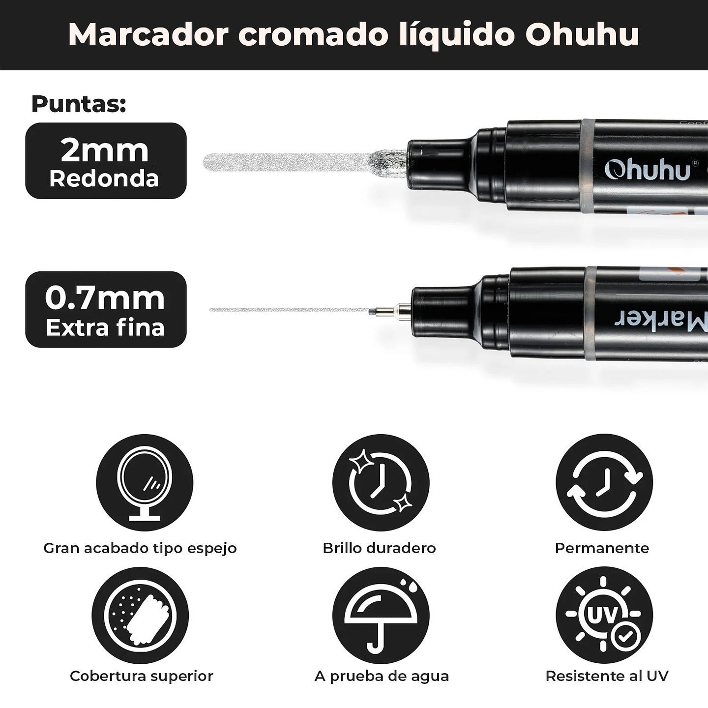 MARCADOR PERMANENTE CROMADO PLATEADO OHUHU DOBLE PUNTA  2