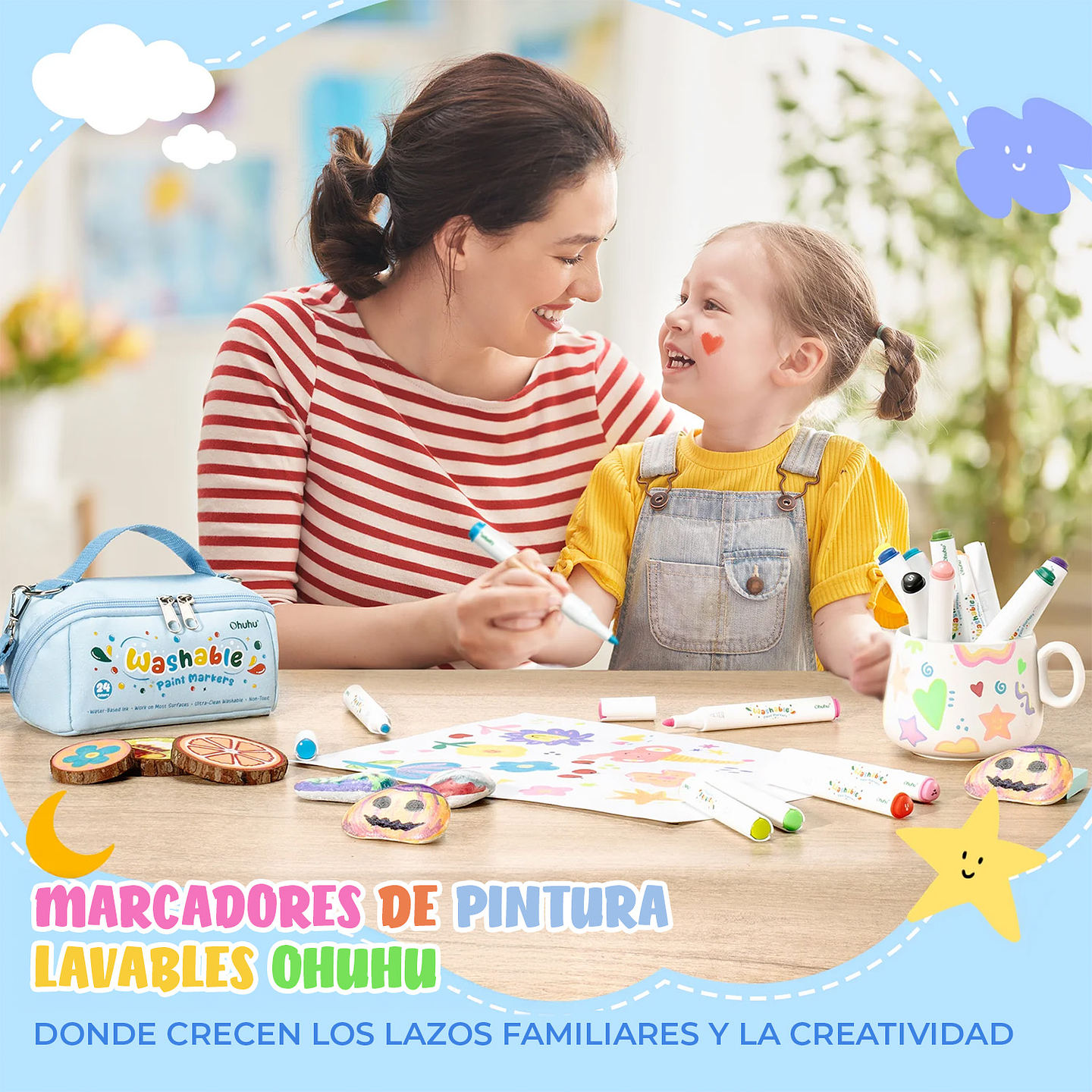 OHUHU 24 MARCADORES ACRÍLICOS LAVABLES PARA NIÑOS PUNTA BALA  9