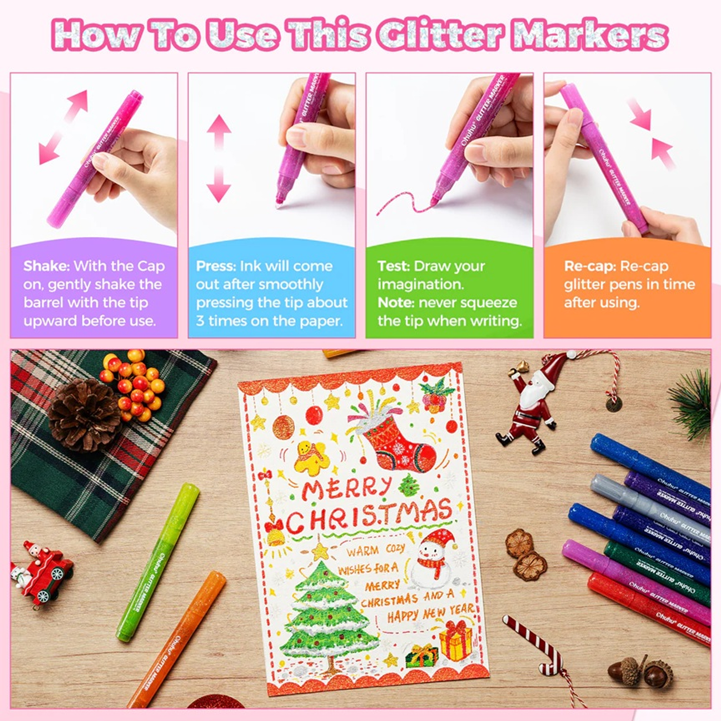 OHUHU MARCADORES GLITTER METÁLICOS CON PURPURINA PUNTA PINCEL 3MM  5