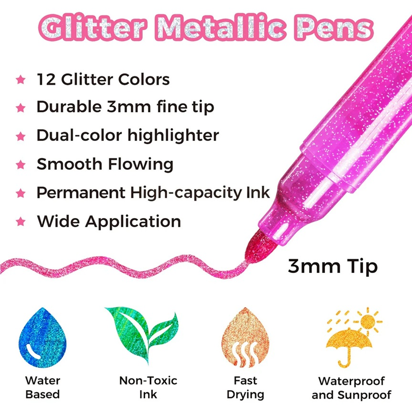 OHUHU MARCADORES GLITTER METÁLICOS CON PURPURINA PUNTA PINCEL 3MM  2