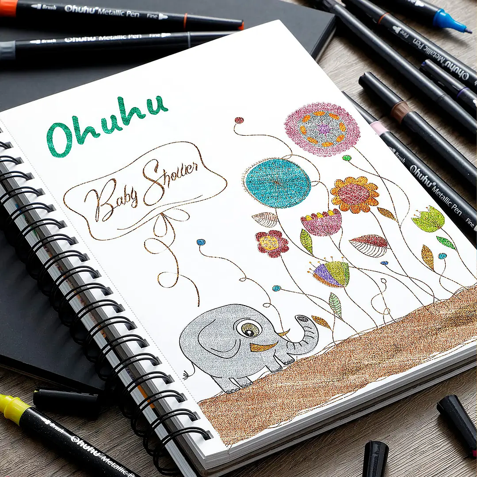 OHUHU 24 MARCADORES METALIZADOS A BASE DE AGUA PINCEL Y FINA  5