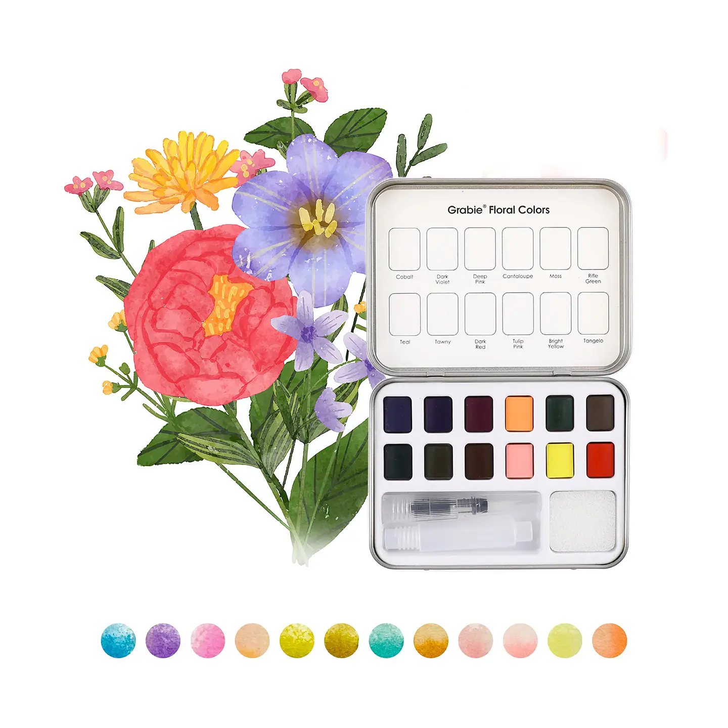 SET ACUARELA BOLSILLO DE 12 COLORES FLORALES + PINCEL  3