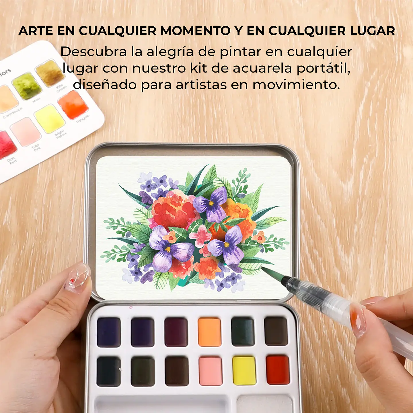 SET ACUARELA BOLSILLO DE 12 COLORES FLORALES + PINCEL  5