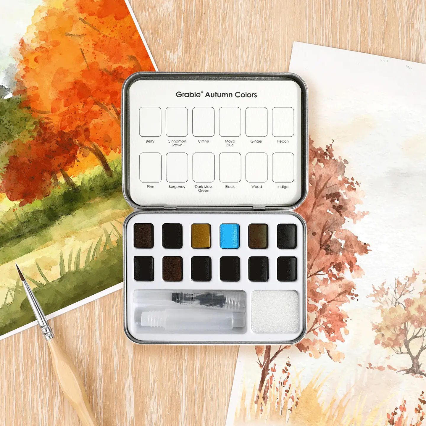 SET ACUARELA BOLSILLO 12 COLORES  OTOÑALES + PINCEL 5