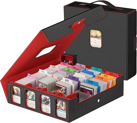 Gomyrod Caja organizadora de 4 filas para más de 3.200 cartas, con exhibidor Commander (negro/rojo)