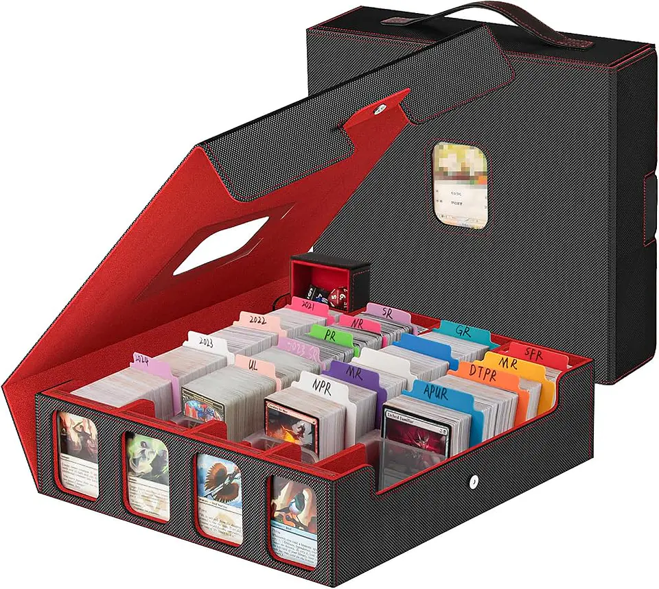 Gomyrod Caja organizadora de 4 filas para más de 3.200 cartas, con exhibidor Commander (negro/rojo) 1