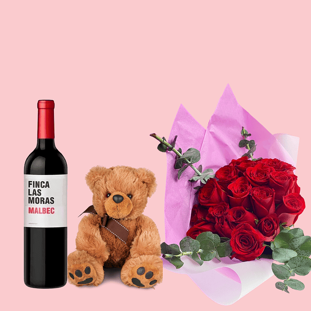 Ramo de 12 rosas, peluche y botella de vino