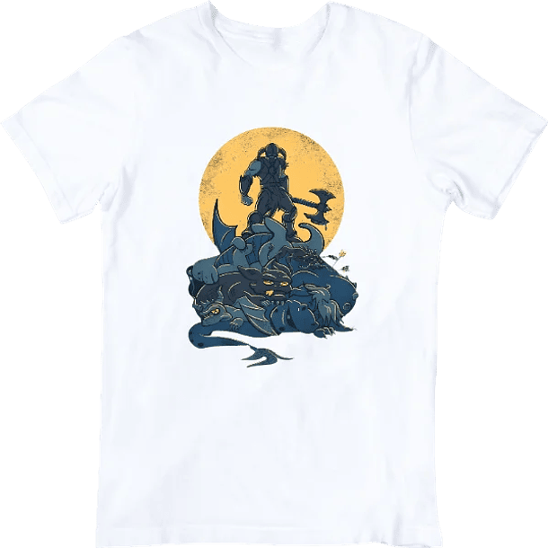 The Elder Scrolls V: Skyrim, Dragonborn, Sobre una pila de Dragones, Polera 100% Algodón Orgánico. - Blanco