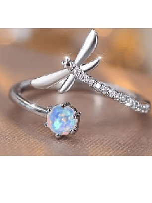 Anillo Abierto Libelula  con Ópalo Blanco y Detalles Brillantes