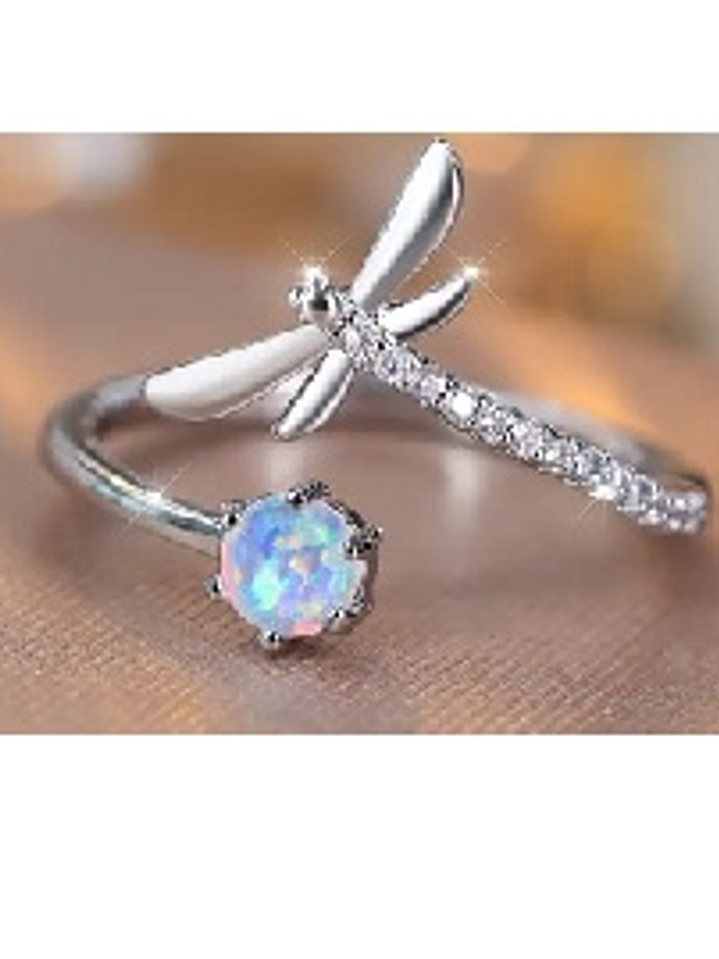 Anillo Abierto Libelula  con Ópalo Blanco y Detalles Brillantes 1