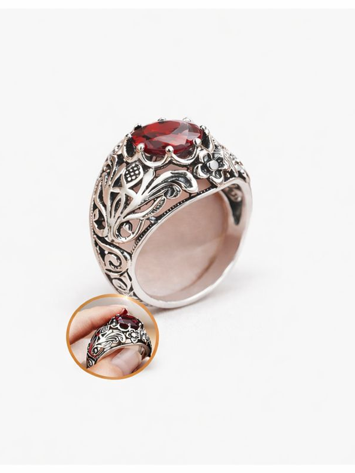 Anillo Floral Vintage de Plata 925 con Circonita Roja – Artesanía Detallada 1