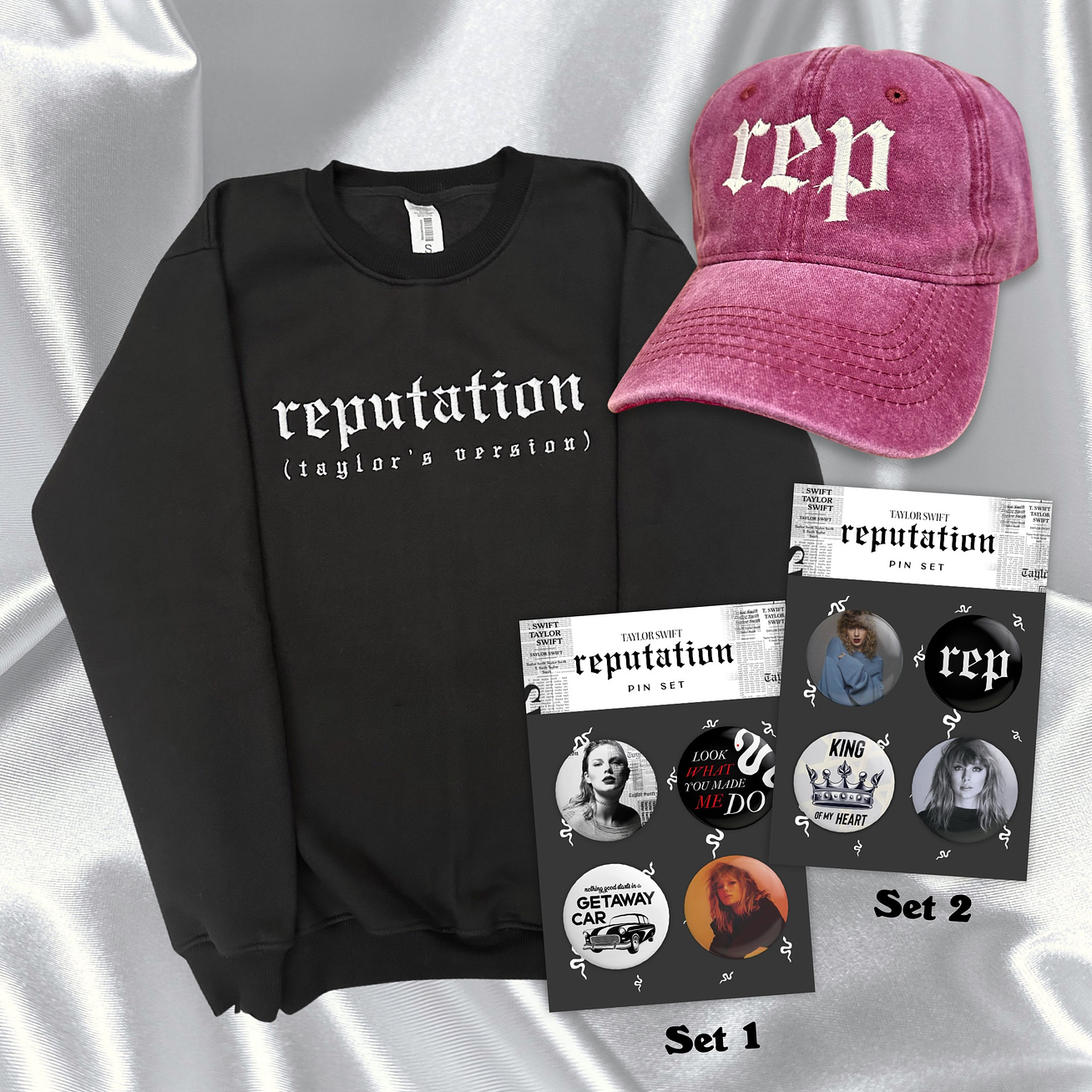 PACK “REPUTATION (TAYLOR’S VERSION)” - TAYLOR SWIFT (POLERA + GORRA + SET PIN) 1