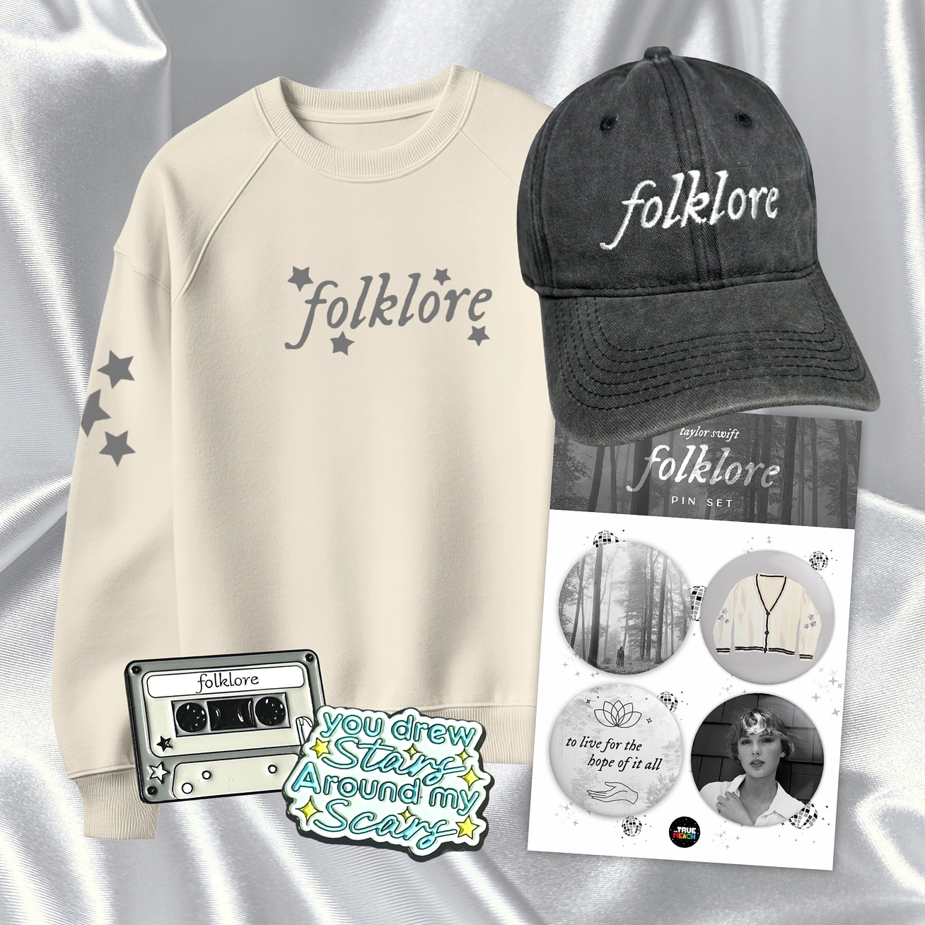 Pack Folklore - Taylor Swift (Polera + Set Pin + Pin + Gorra) 1
