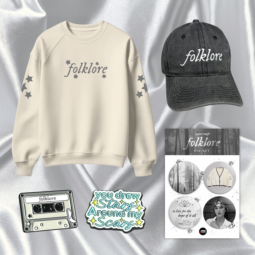 Pack Folklore - Taylor Swift (Polera + Set Pin + Pin + Gorra) 2