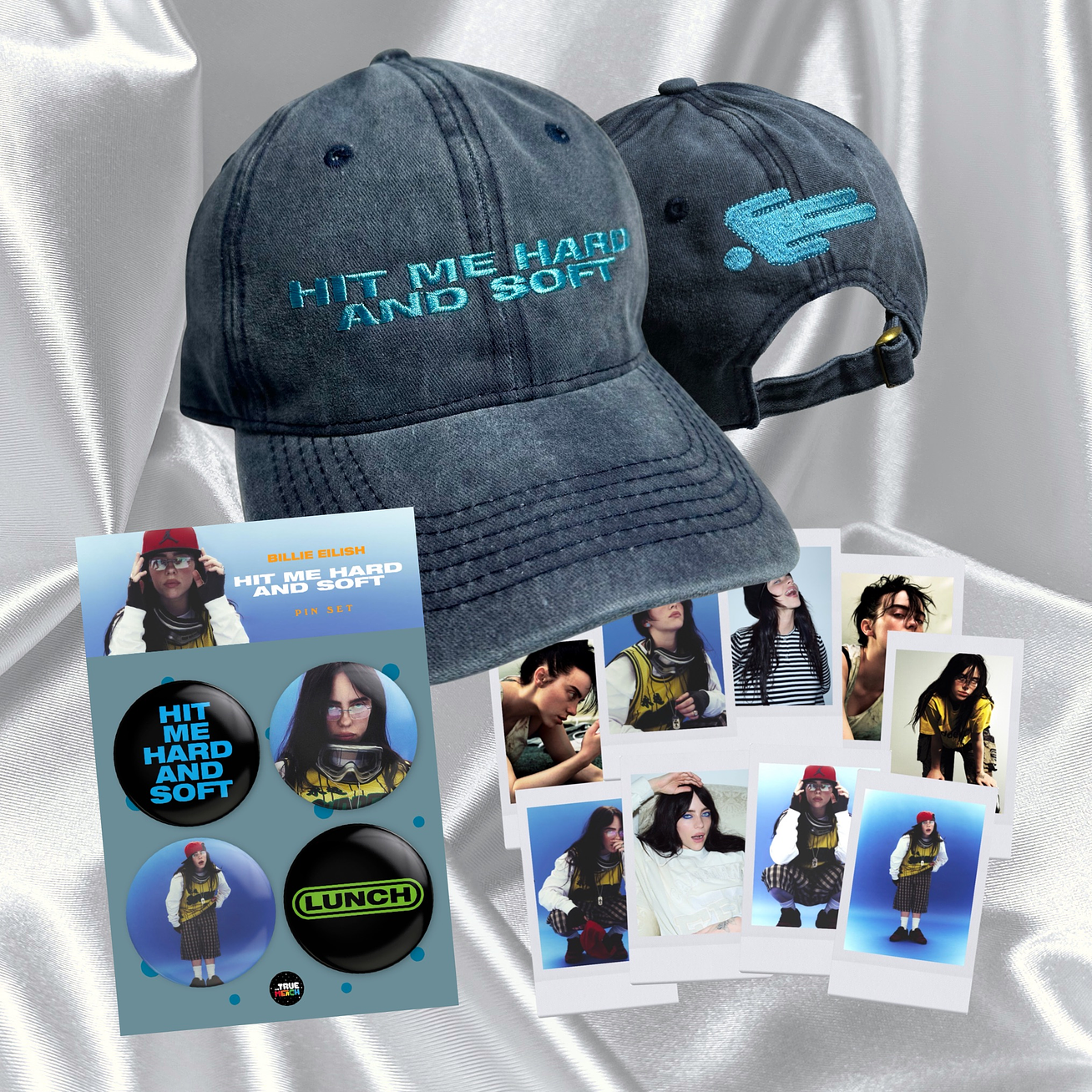 Billie Eilish - Pack Gorra Doble Bordado + Set 4 Pin + 9 Polaroids 1