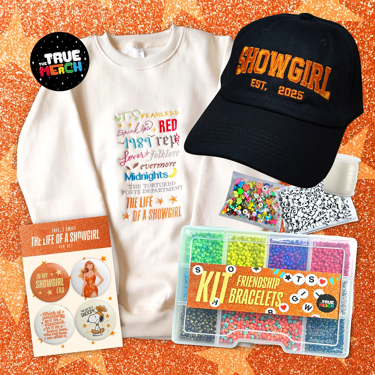 Taylor Swift PACK THE LIFE OF A SHOWGIRL (Polera + Kit Brazaletes + Gorra + Pines) 1