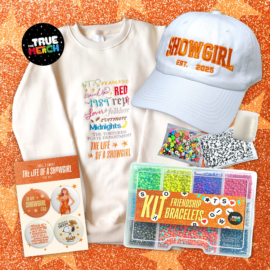 Taylor Swift PACK THE LIFE OF A SHOWGIRL (Polera + Kit Brazaletes + Gorra + Pines) 1