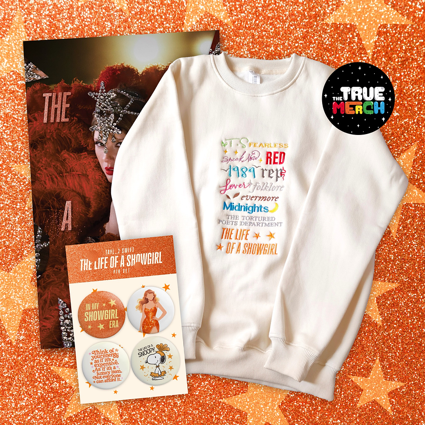 Pack 12 Eras Taylor Swift (Polera Bordada + Póster A3 + Set 4 Pin) Showgirl 1
