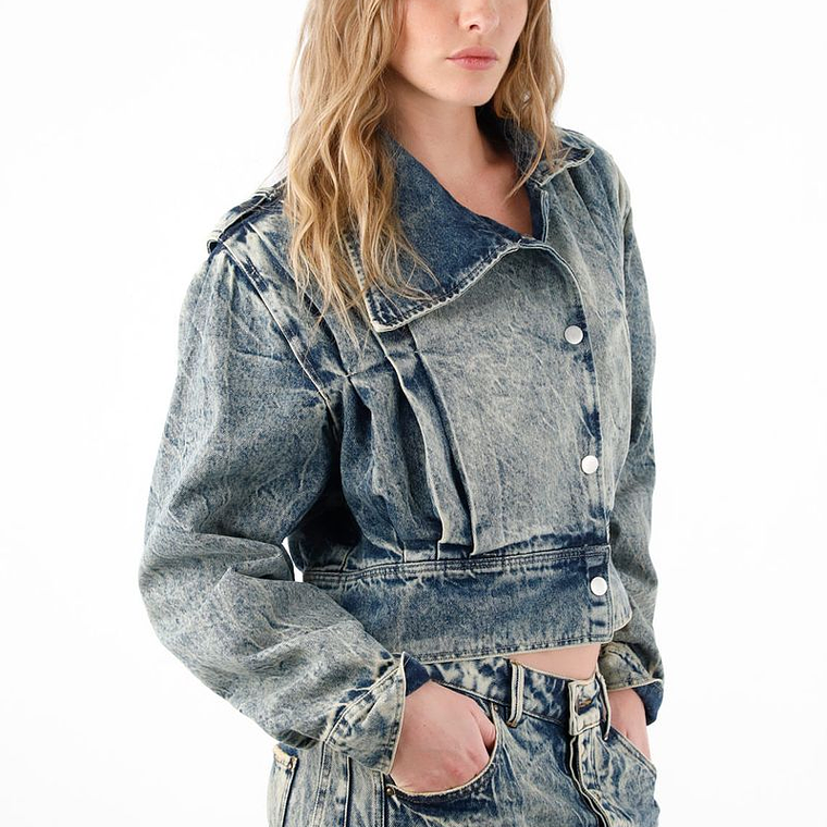 Chaqueta crop con solapas asimétricas azul para mujer 2