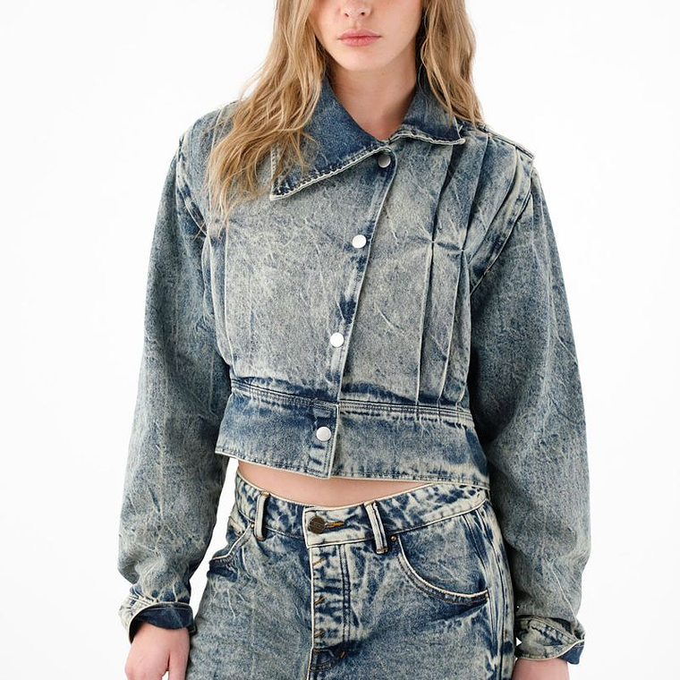 Chaqueta crop con solapas asimétricas azul para mujer 3