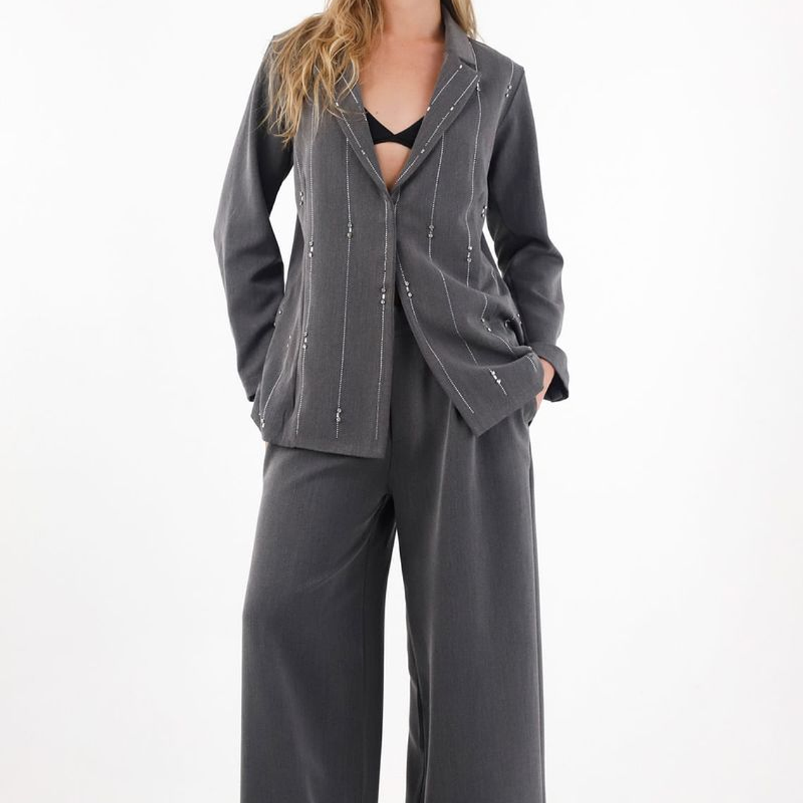 Abrigo tipo blazer con apliques de brillo gris para mujer 1