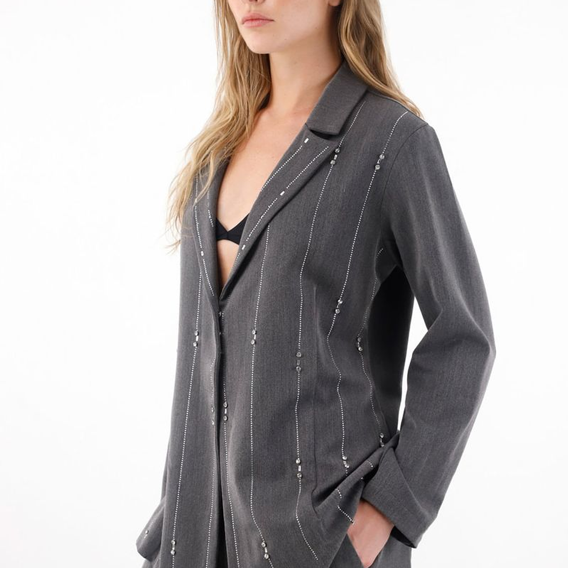Abrigo tipo blazer con apliques de brillo gris para mujer 2