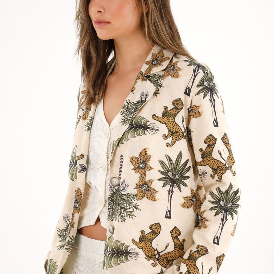 Blazer con estampado de palmeras y tigres para mujer 4