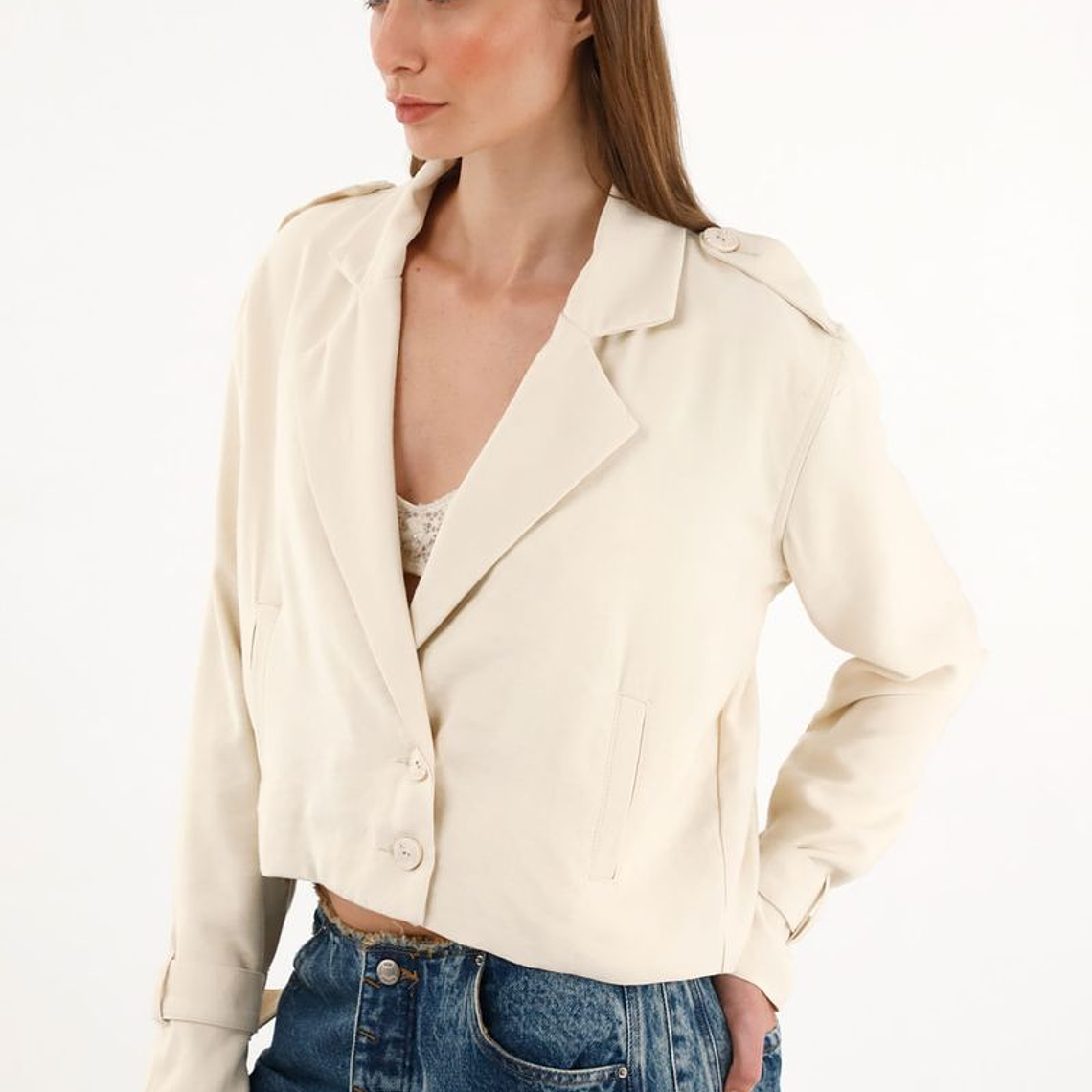 Abrigo tipo Biker crop top crudo para mujer 4