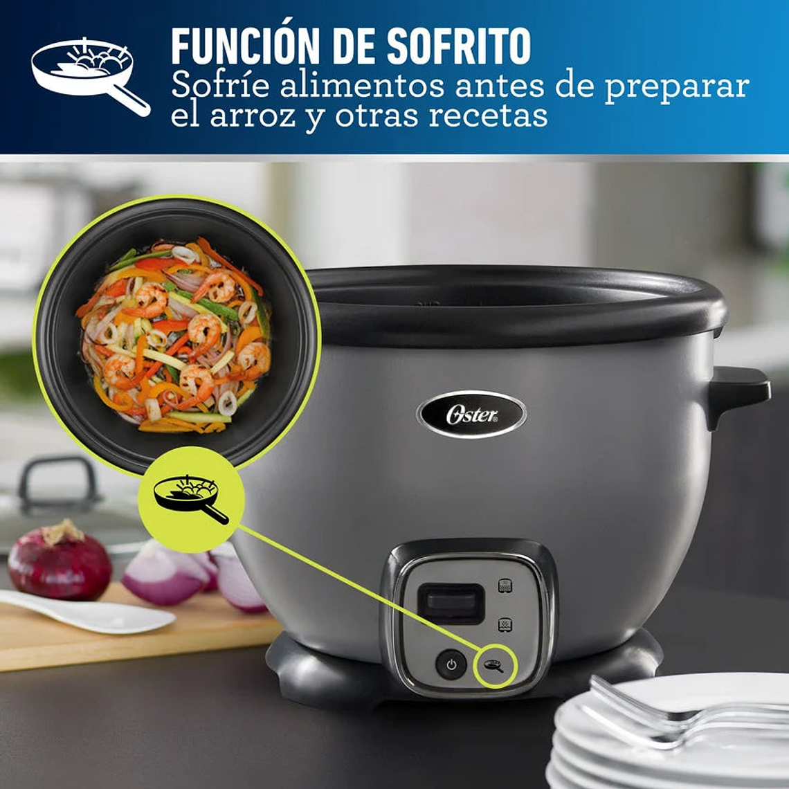 Arrocera Multiusos con Función de Sofrito Oster Olla Interior Extraíble con Recubrimiento Antiadherente Color Negro 3