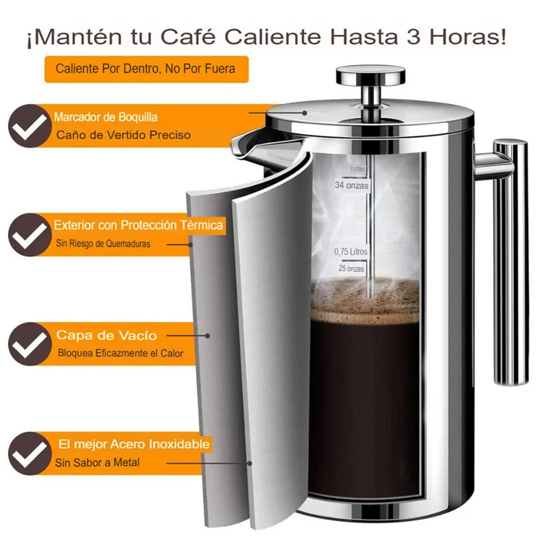 Cafetera Prensa Francesa de Doble Pared Acero Inoxidable 3