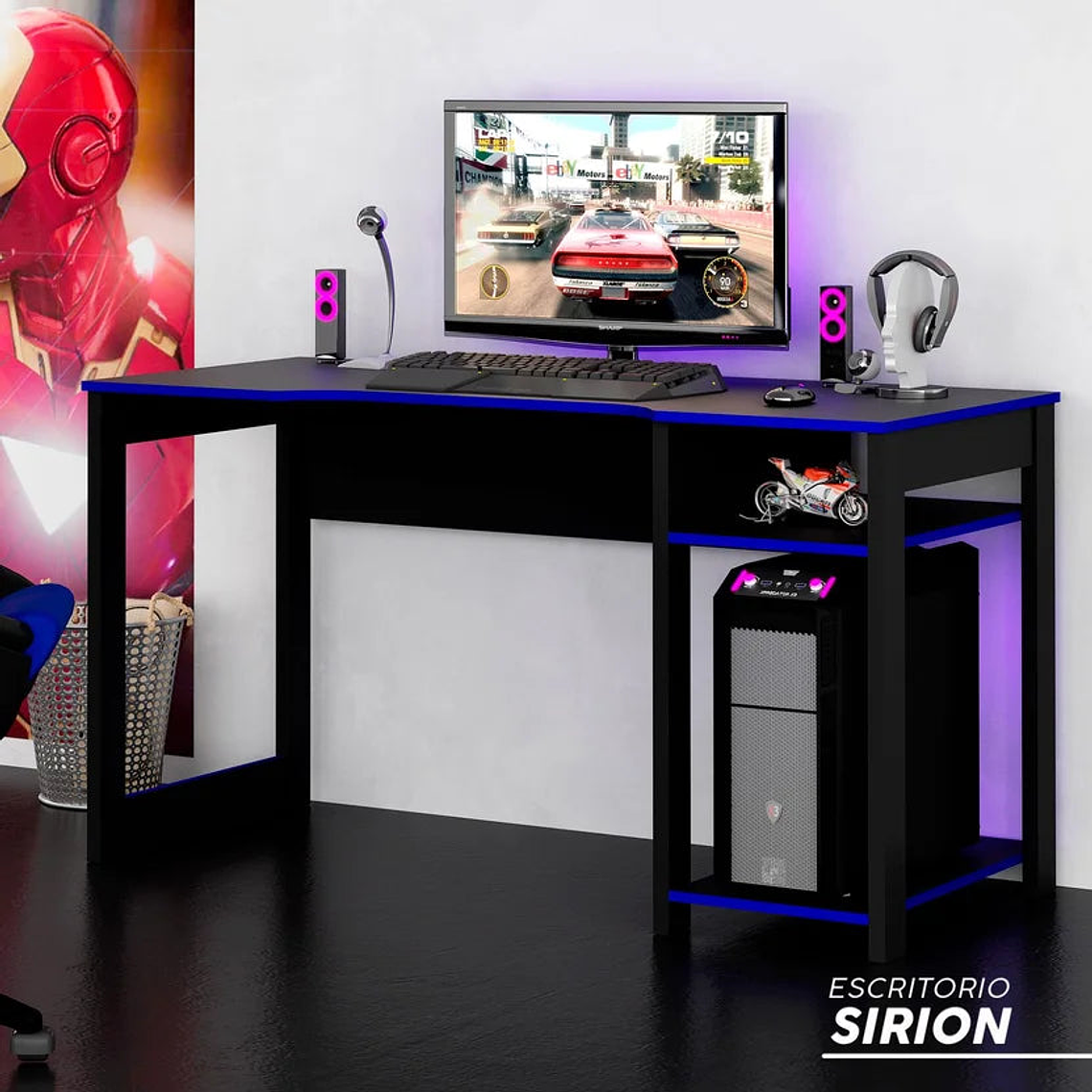 Escritorio Gamer Oficina Sirion 75X136X60 Negro/Azul 1