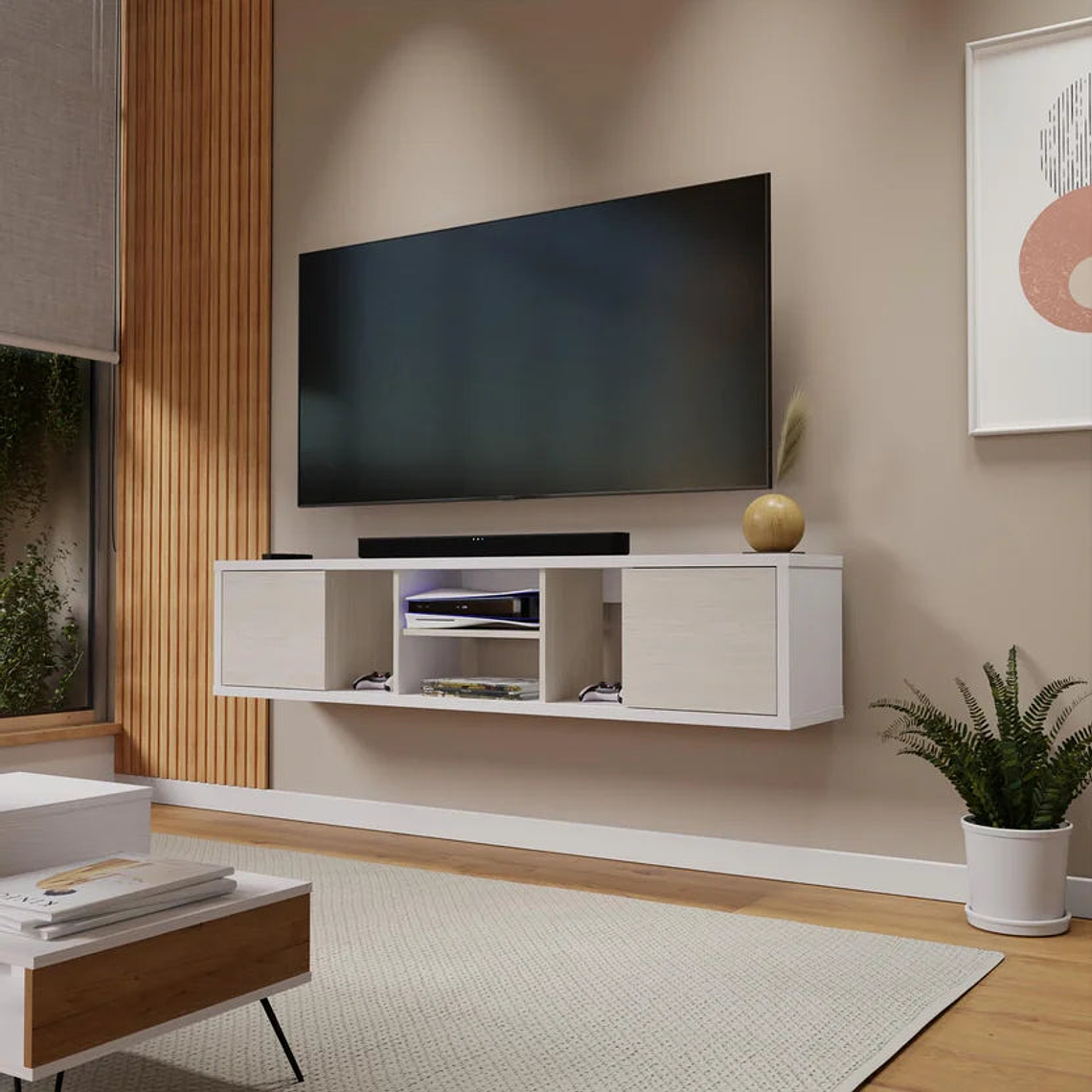 Mesa TV Flotante Ambar 35x160x30cm Blanco Niebla 2