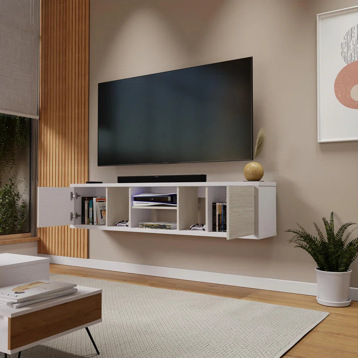 Mesa TV Flotante Ambar 35x160x30cm Blanco Niebla 3