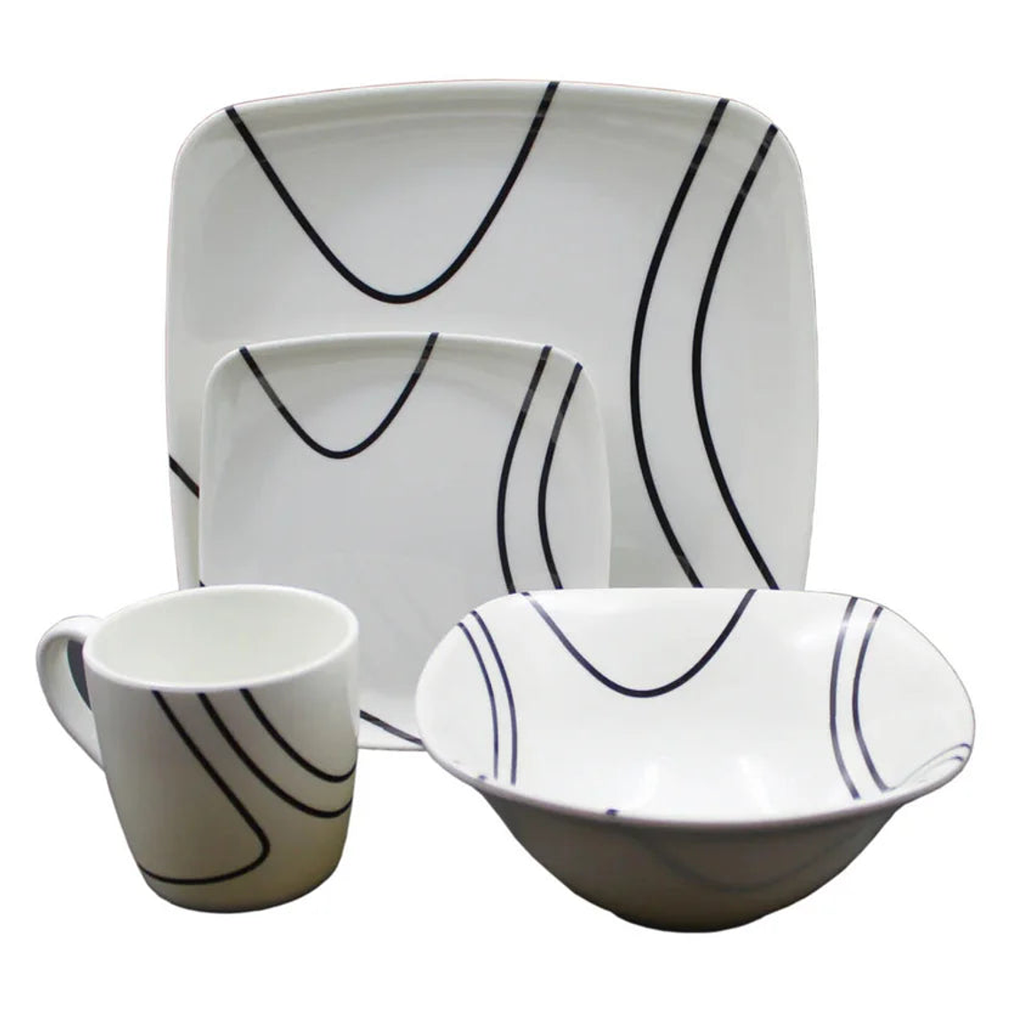 Vajilla Melamina Primavera Blanca Líneas Negras Cuadrada 16 Piezas 4 Puestos 1