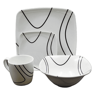 Vajilla Melamina Primavera Blanca Líneas Negras Cuadrada 16 Piezas 4 Puestos