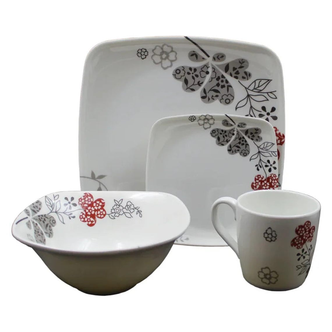 Vajilla Melamina Primavera Blanca Flores Cuadrada 16 Piezas 4 Puestos 4