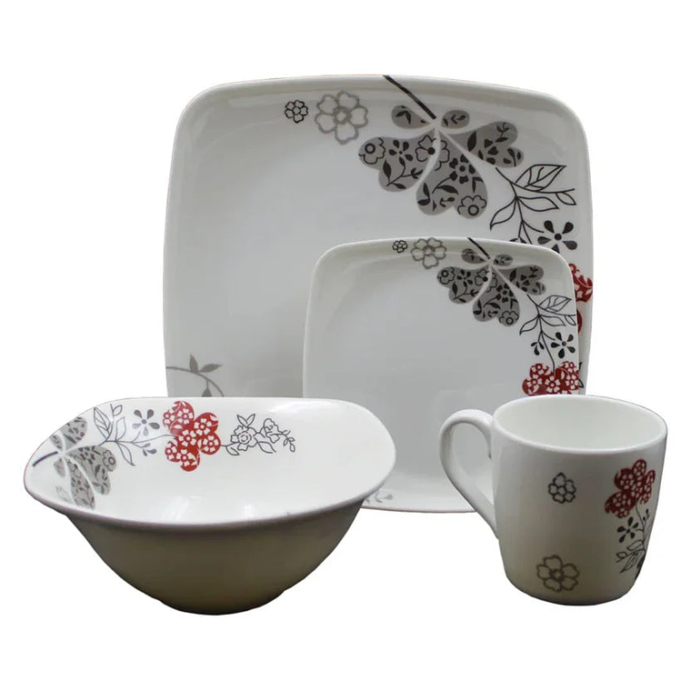 Vajilla Melamina Primavera Blanca Flores Cuadrada 16 Piezas 4 Puestos 4